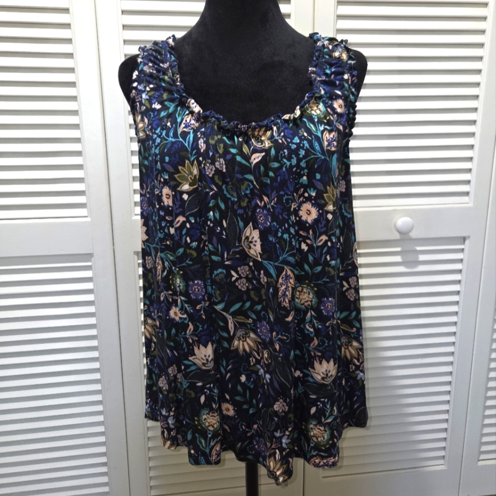 Floral Sleeveless Top - Blue and Black